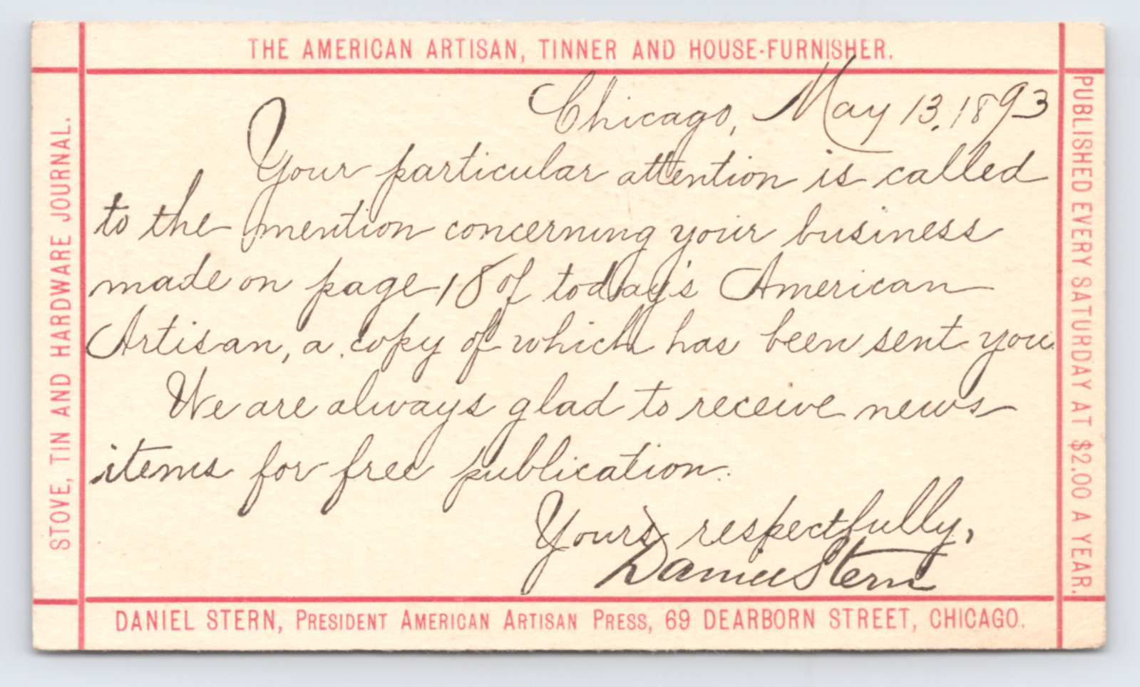 1893 American Artisan Tinner Postal Card Chicago IL Daniel Stern Trade Journal