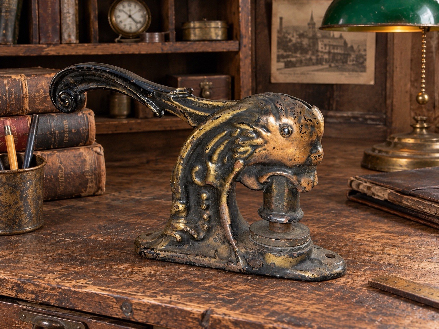 Rare Antique Cast Iron Lion Head Stamp Seal Press White Ribbon Mineral Water PA