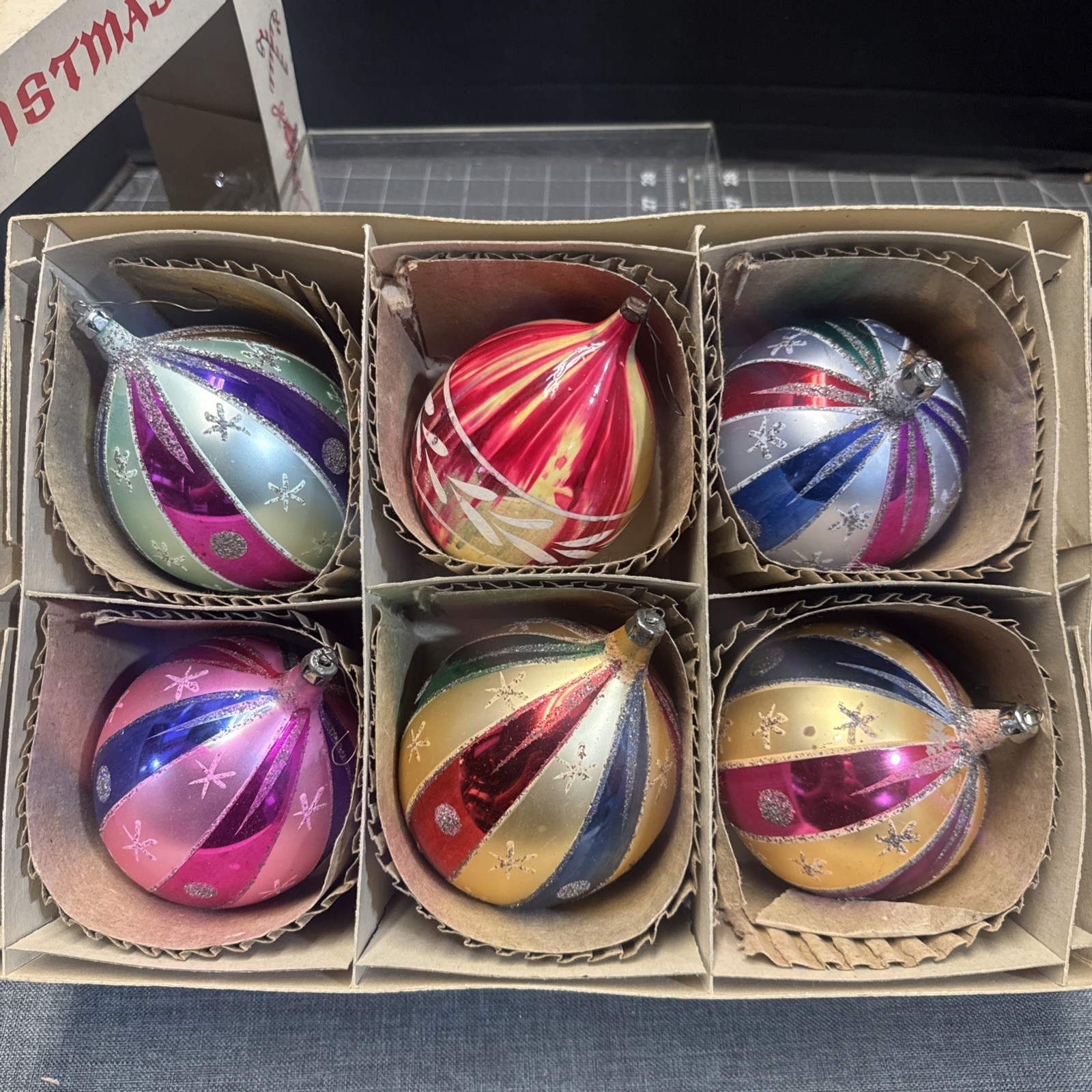 Set of 6 Vintage Christmas Tree Ornaments , Glass Jumbo Poland ornaments 
