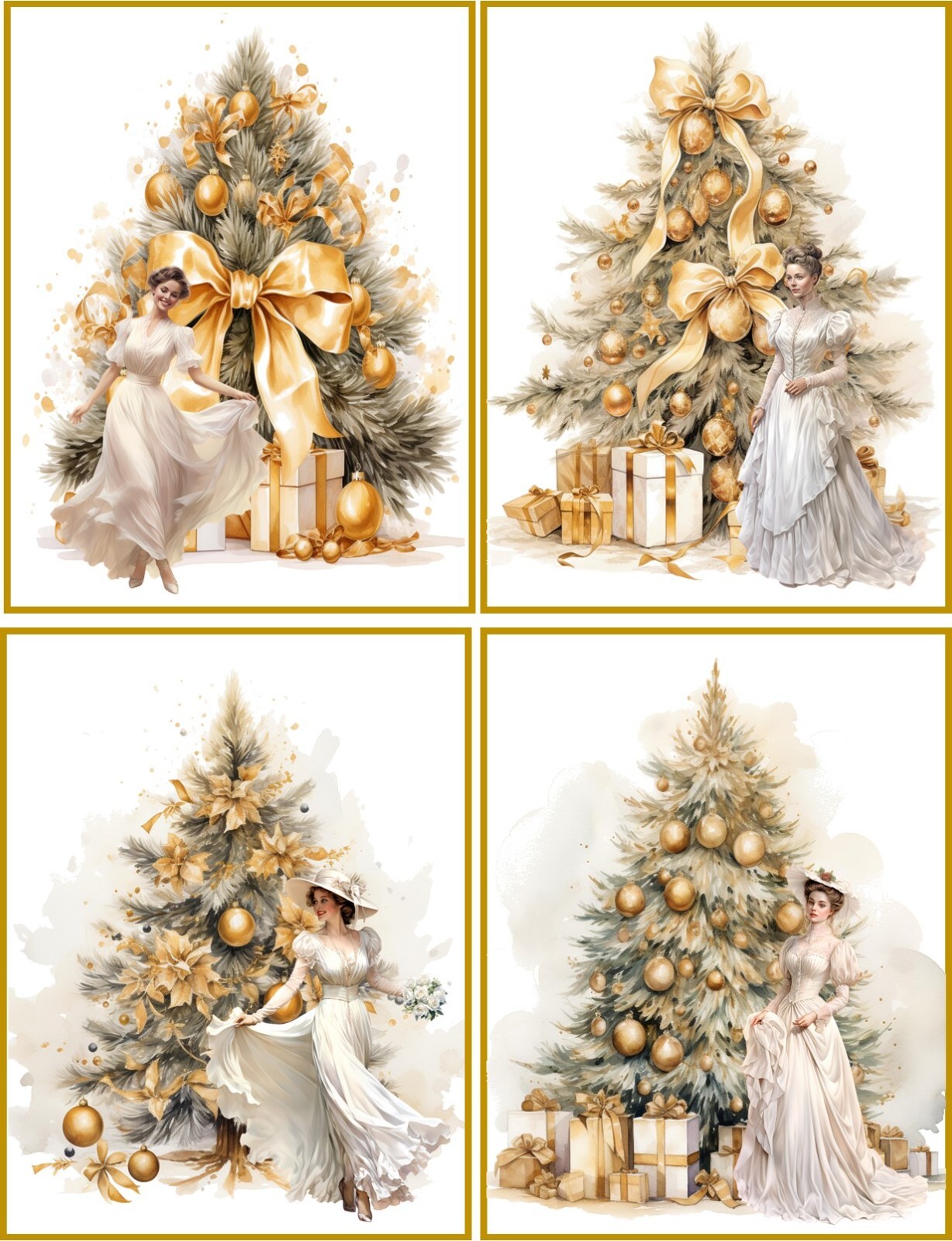 8 Christmas gold Tree vintage victorian ladies glossy blank cards with envelopes