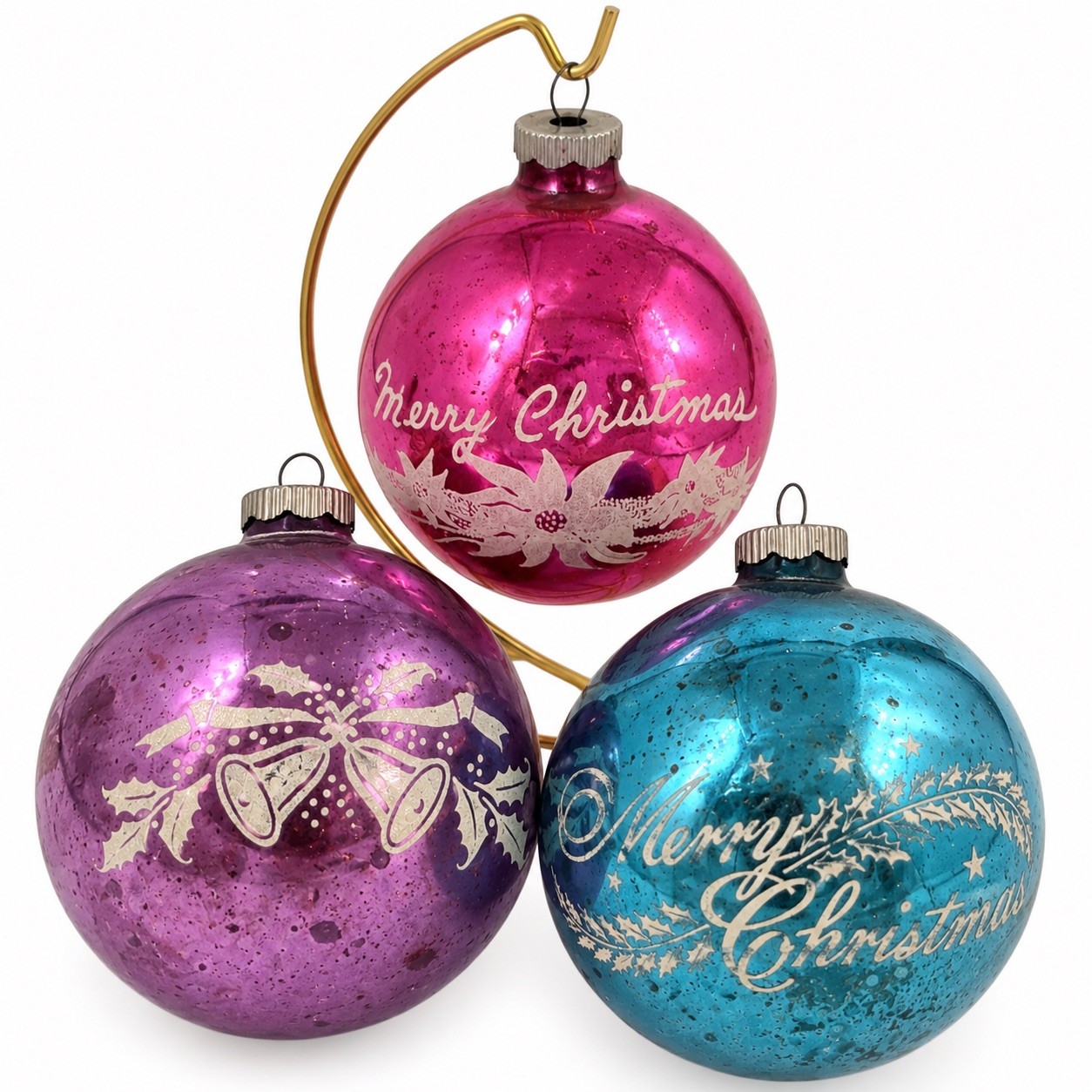 VTG Jumbo Shiny Brite Made In USA Pink “Merry Christmas” Stencil Ornaments (3)