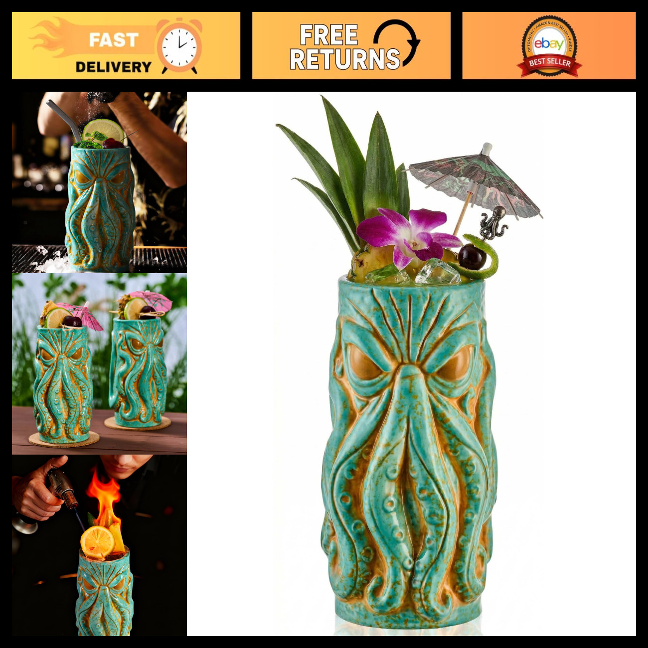 Kraken Ceramic Tiki Mug, 18 oz Hi Ball 1 pc Set