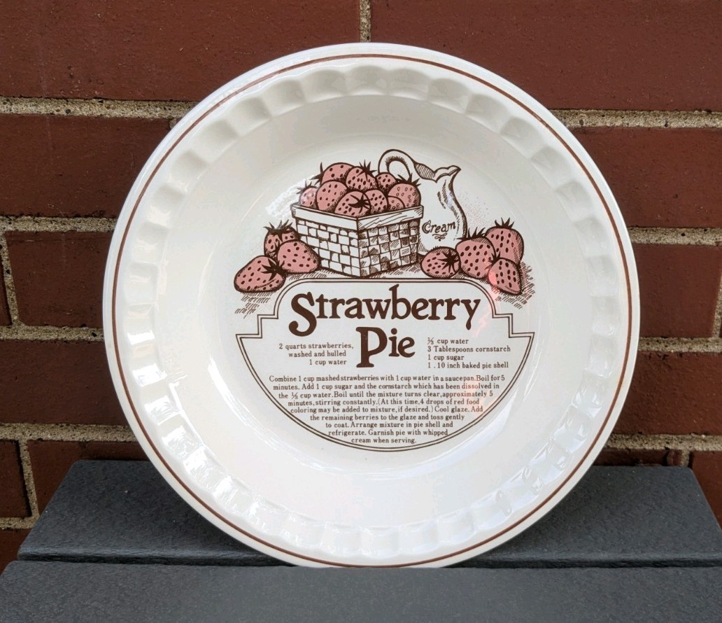 Vintage Strawberry Pie Plate  Deep Dish with Recipe White Pink Brown 10.75\