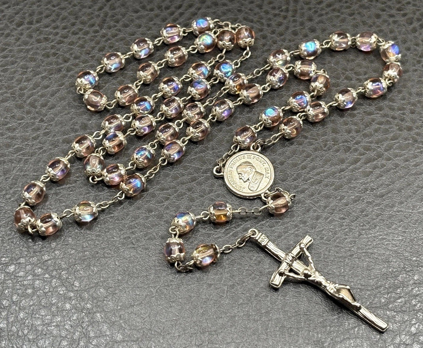 VTG Pope John Paul II Sapphirine Iridescent Pink Blue Beads Italian Rosary 26”