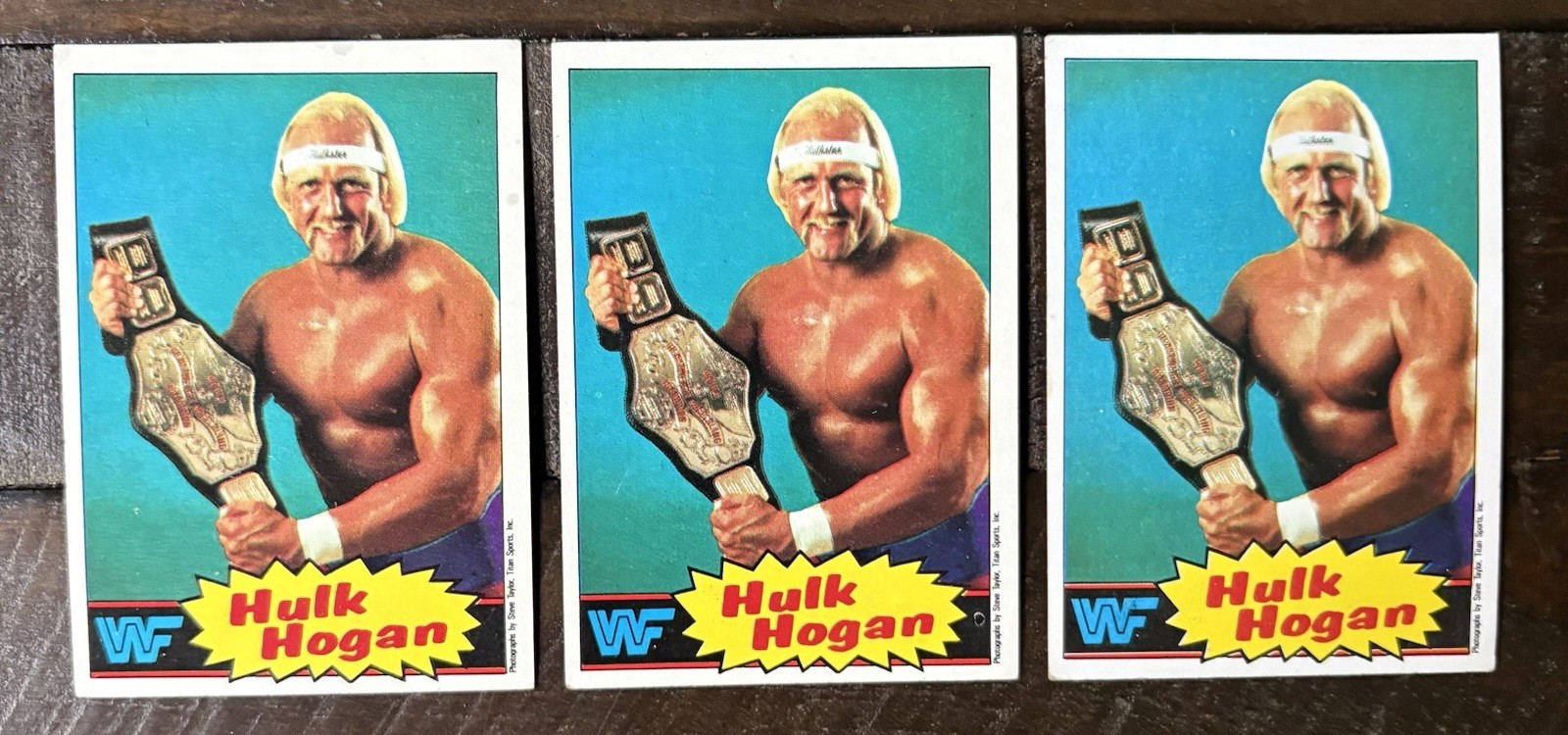 Lot (3) 1985 Topps WWF Hulk Hogan Rookie Card #16 all wax stained on flip side
