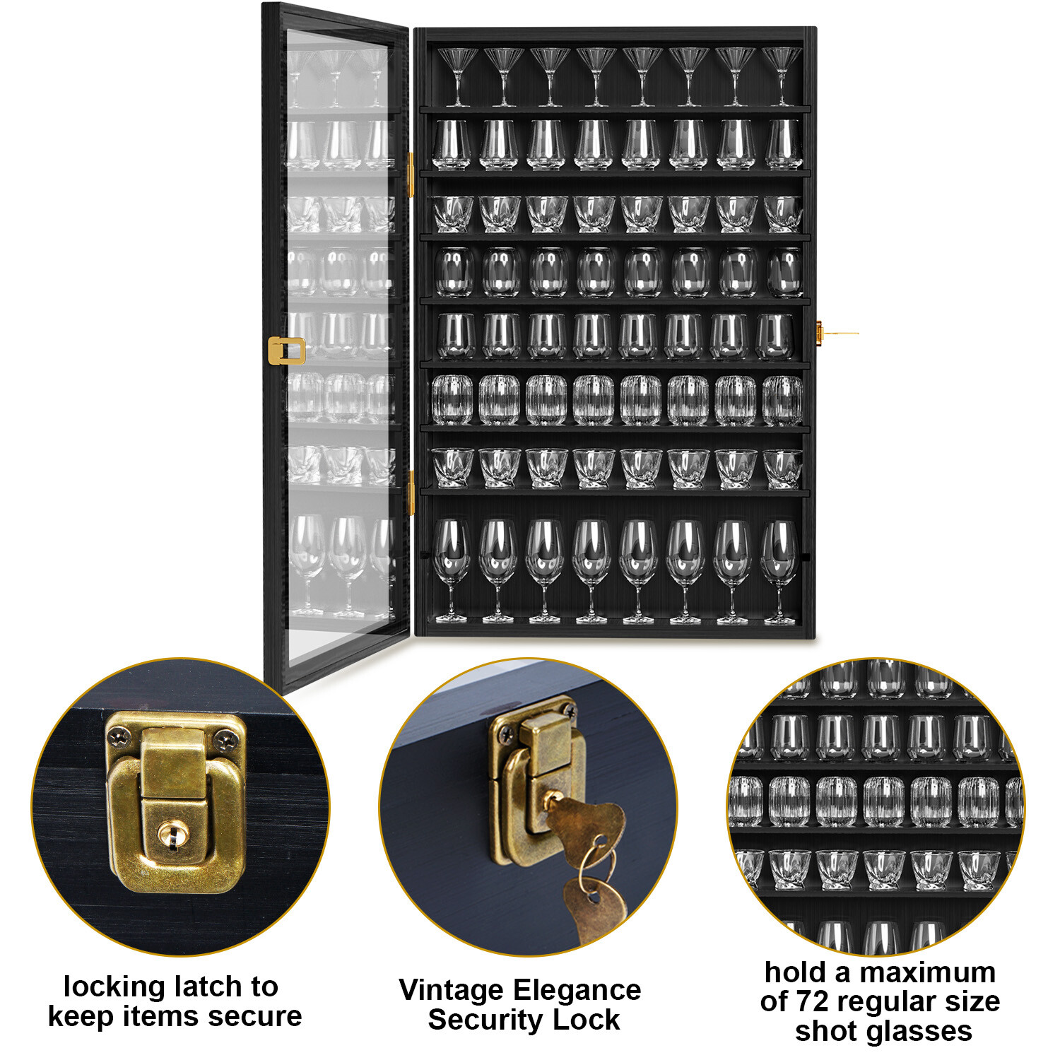 Lockable Shot Glass Display Case Collectors Cabinet Storage Wooden Shadow Box