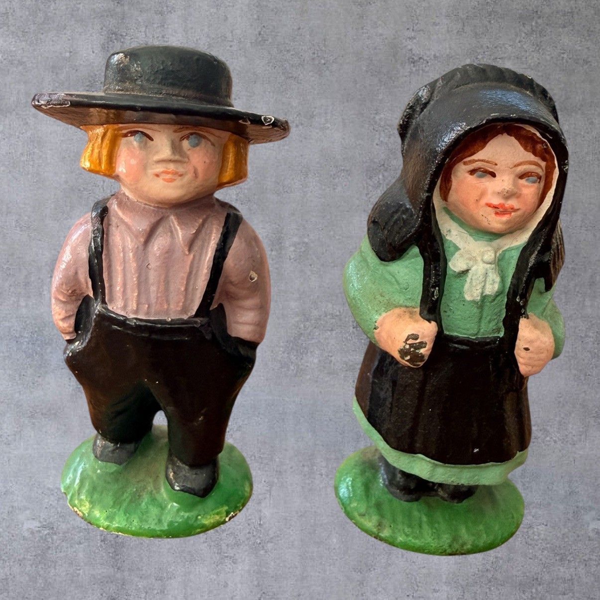 Vintage Miniature Cast Iron Amish Boy Girl Figurines PA Dutch Folk Art