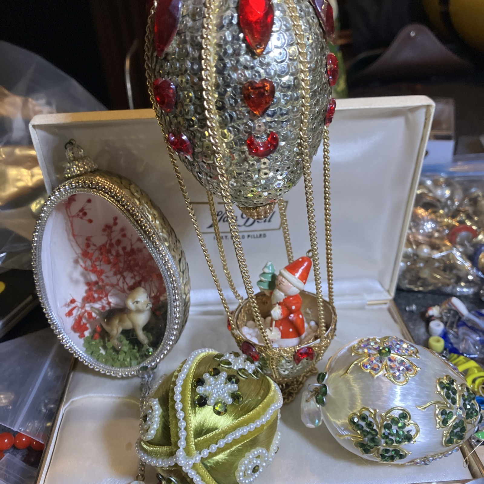 4 Vintage Handmade Eggshell Diorama & Beaded Sequined Ornaments