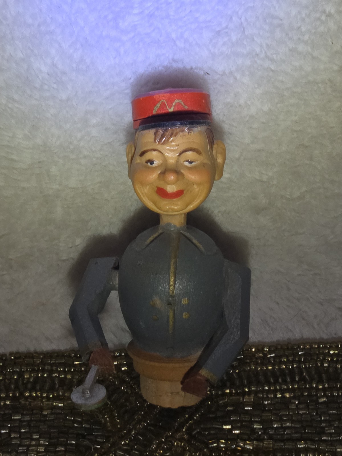 ANRI Antique Hand Carved Wood Mechanical Train Worker Bottle Cork Topper