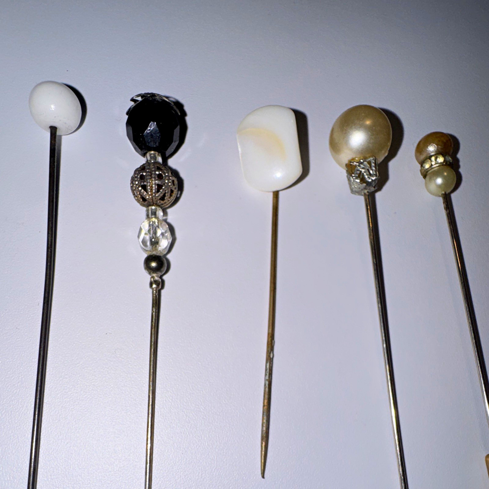 Lot of 5 Vintage Metal & Glass Hatpins Stick Pins, Faux Pearl Assorted Tops