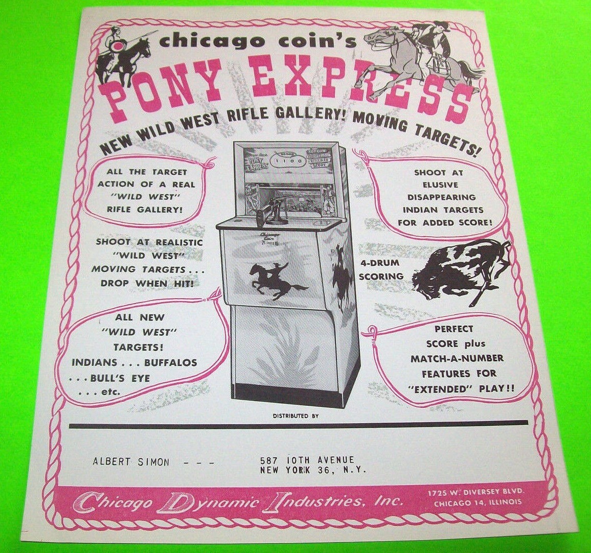 Chicago Coin Pony Express Arcade FLYER 1962 Original NOS Rifle Shooting Gallery 