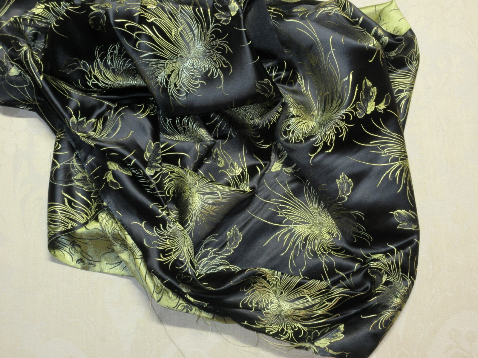 Vintage Striking Black Gold Asian Satin Brocade Fabric 45x42 with Extra Attached