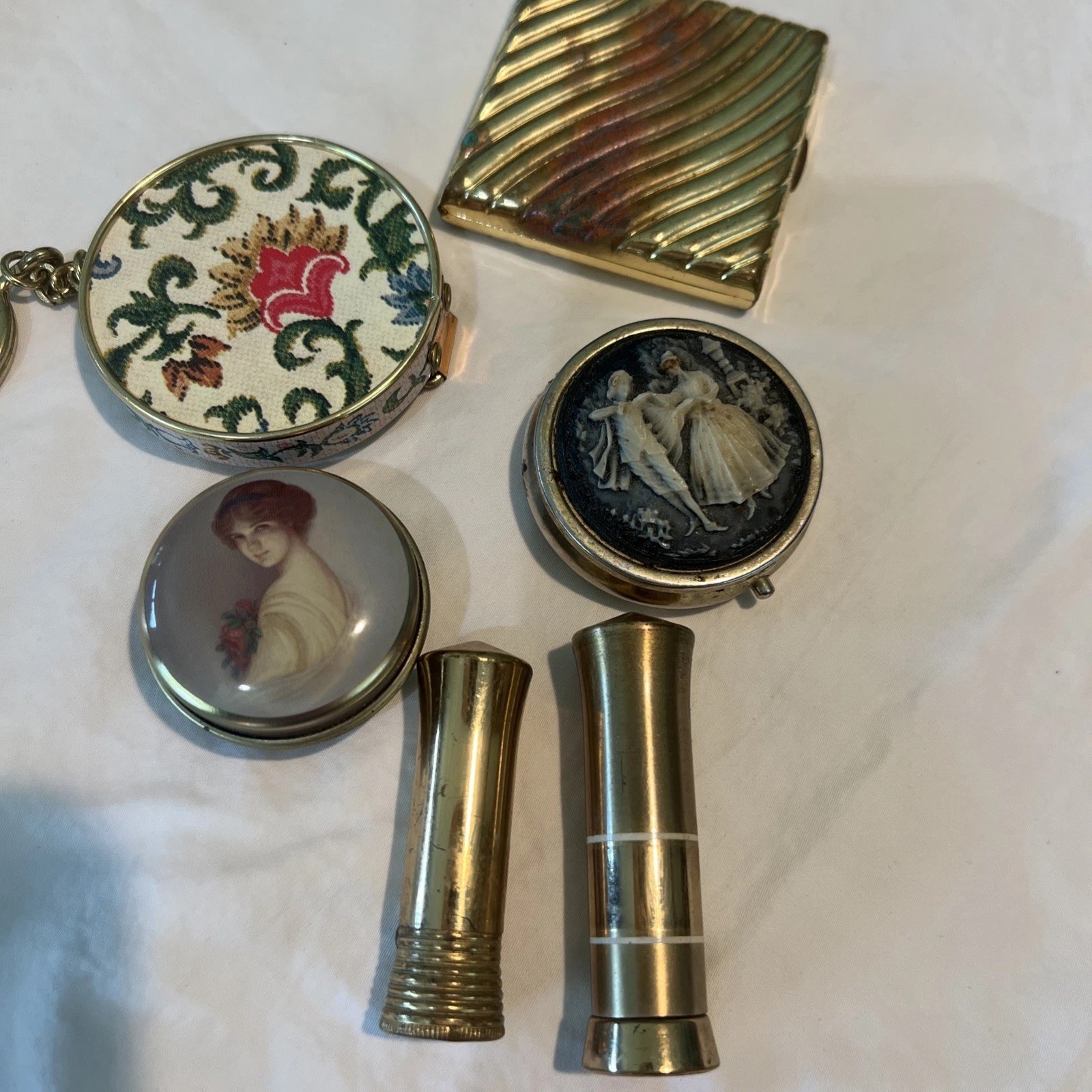 Vtg 1950s Vanity Lot 6 Pc Estee Lauder Compact Cutex Brass Lipstick Cases Tin