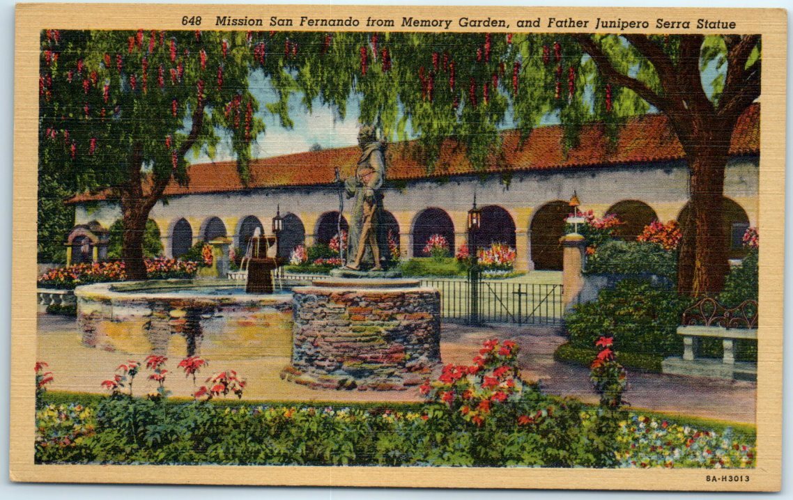 Postcard Mission San Fernando & Father Juniper Sera Statue from Memory Garden CA