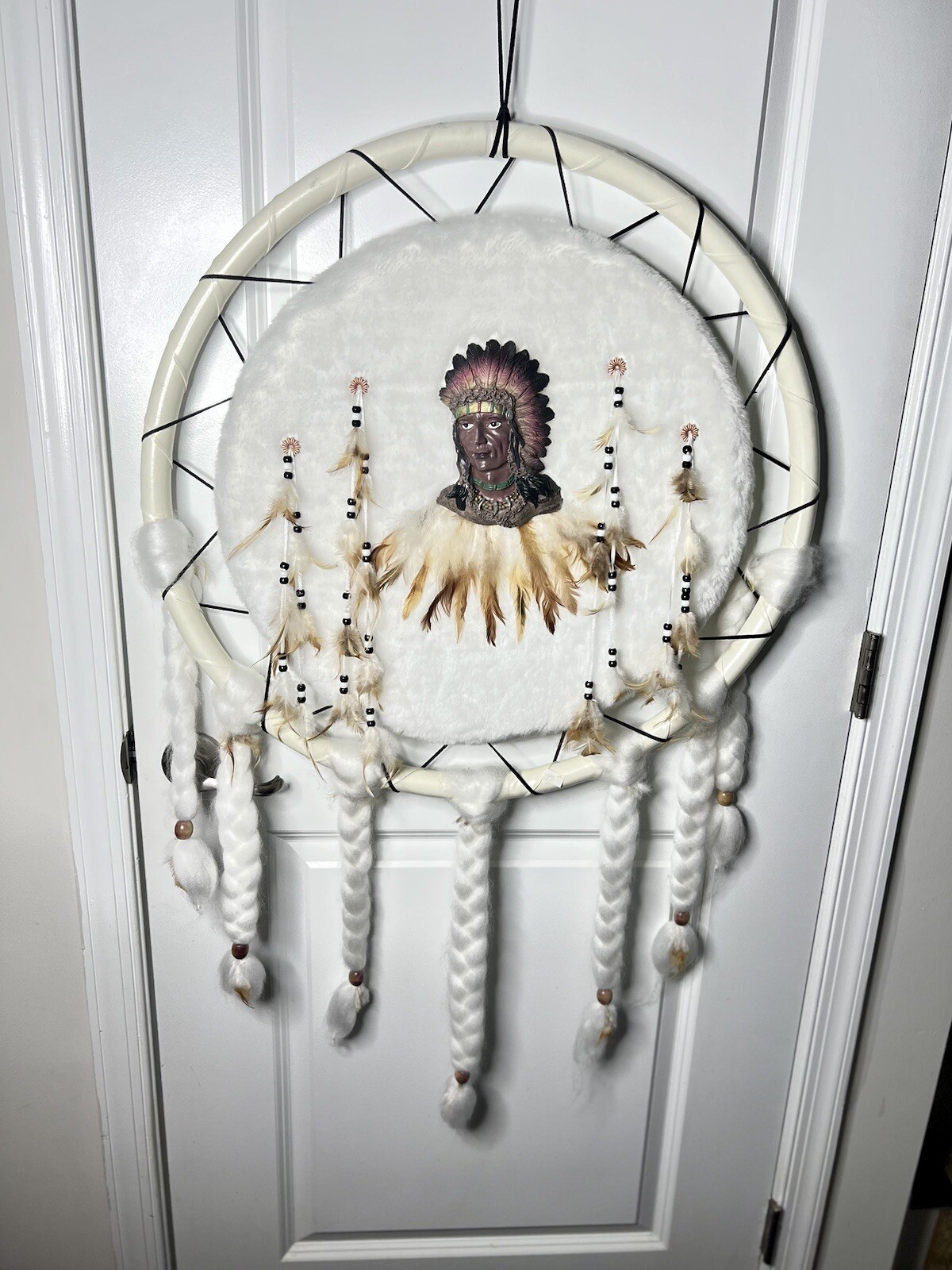 Vintage Native American Mandella Dream Catcher Fur Wool Large 25” Diameter