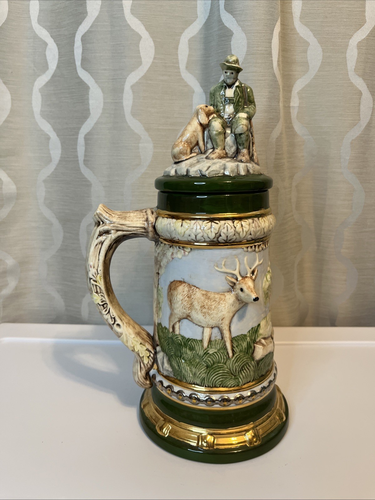 Vintage Holland Mold Ceramic Lidded Beer Stein Deer Dog Hunting Scene