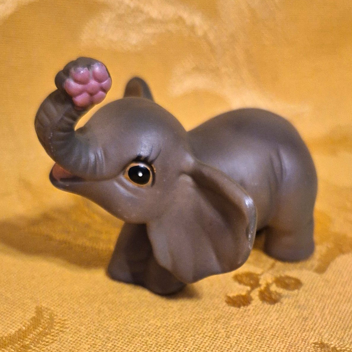 Gray Baby Elephant Figurine Raised Trunk Pink Flower Plastic