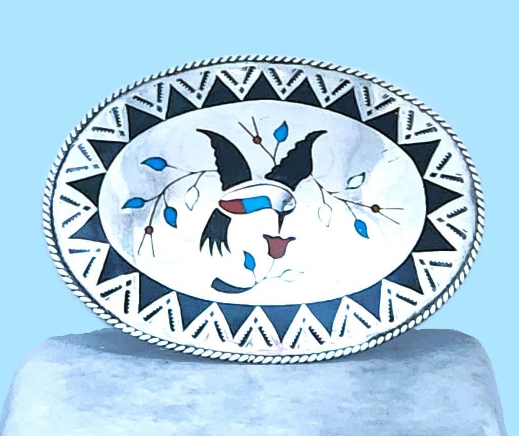 Vtg Benjamin Becenti Navajo HUMMINGBIRD Multi-Stone Inlay Sterling Belt Buckle