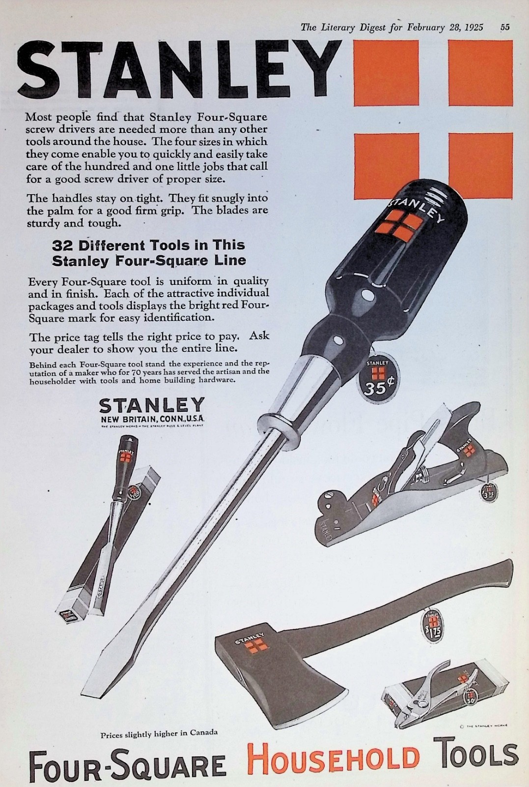 Original 1925 Stanley Tools Ad: Four-Square Screwdriver Plane Axe Chisel Graphic