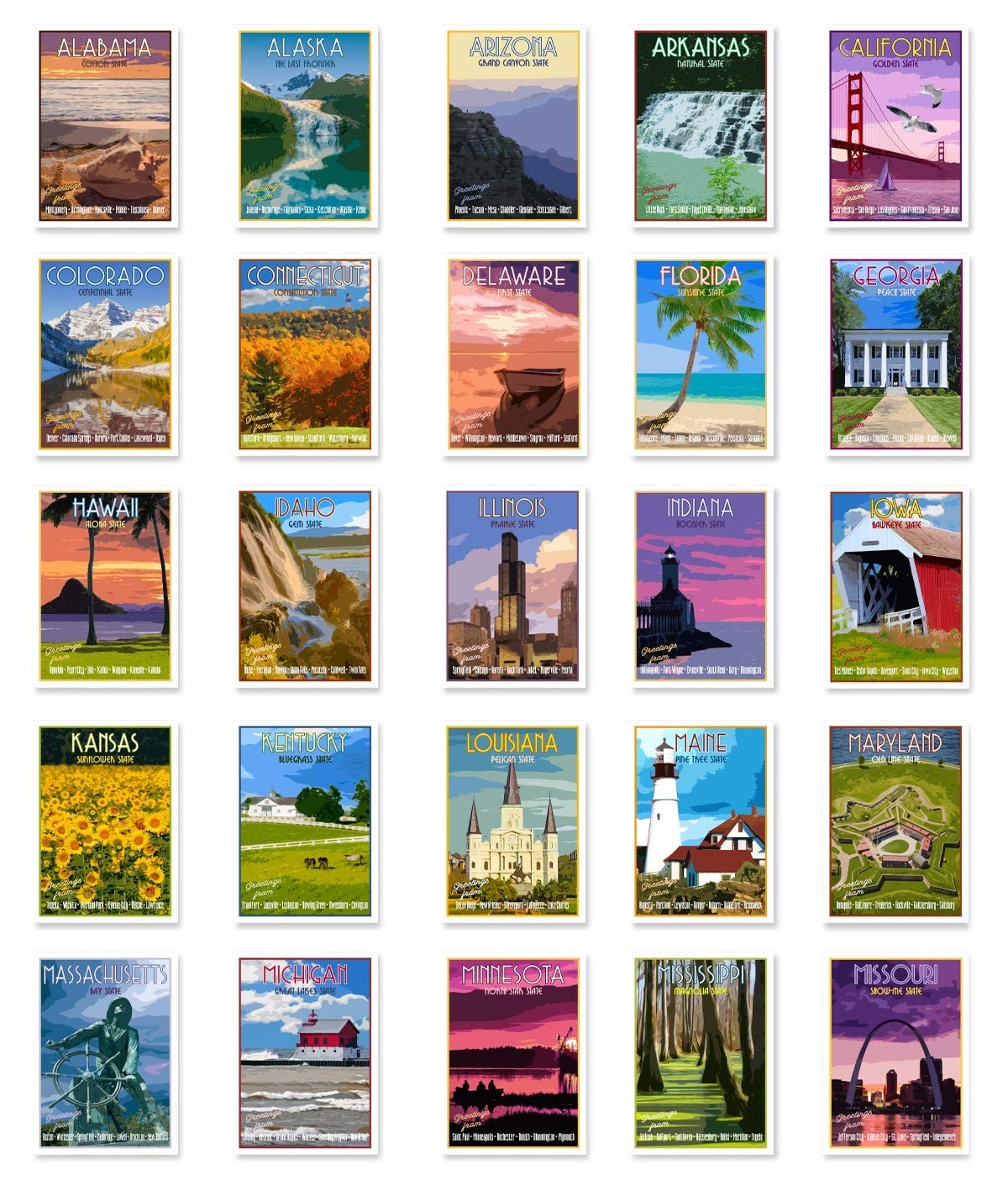 Vintage US State Travel Postcards Set of 50 - Unique USA Souvenir Variety Pack