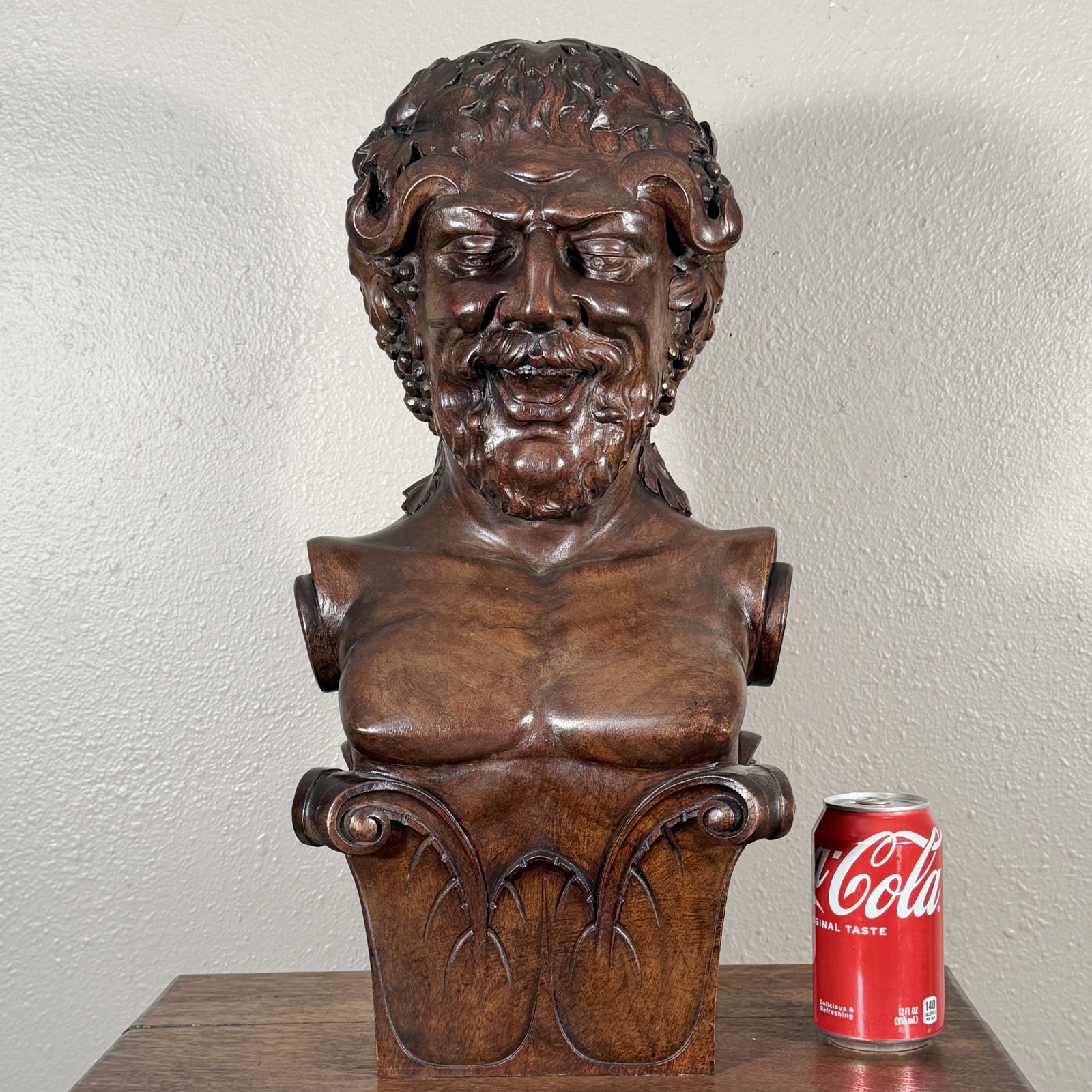 Antique 1800's Hand Carved Solid Walnut Bacchus Dionysus Satyr Bust or Statue