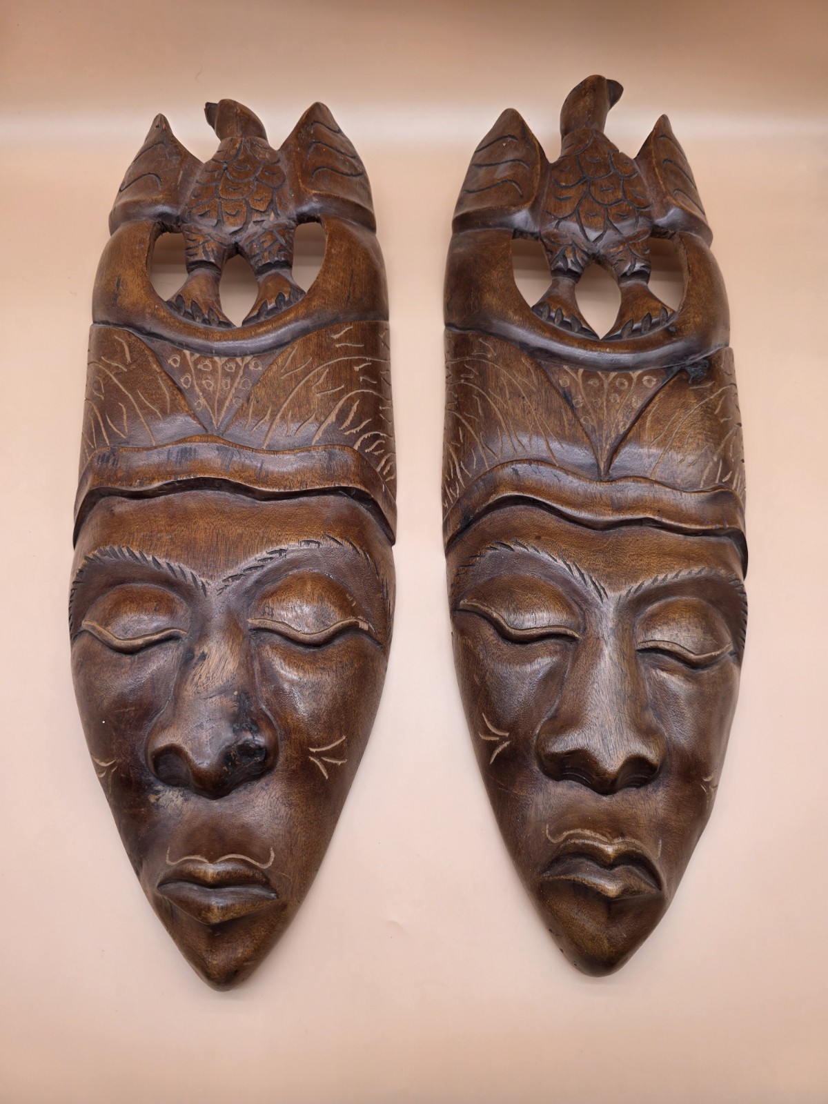 Hand Carved Wooden Masks Vintage Tribal Hanging Wall Art Decor 25” Long 