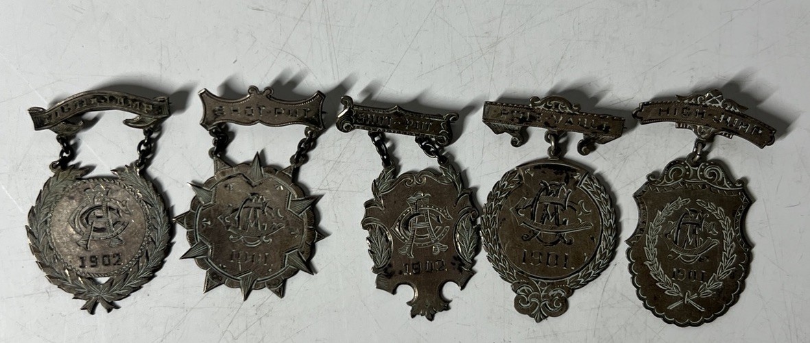 Antique Lot of 5 1901 1902 Masonic High Jump Pole Vault Athletic Medals