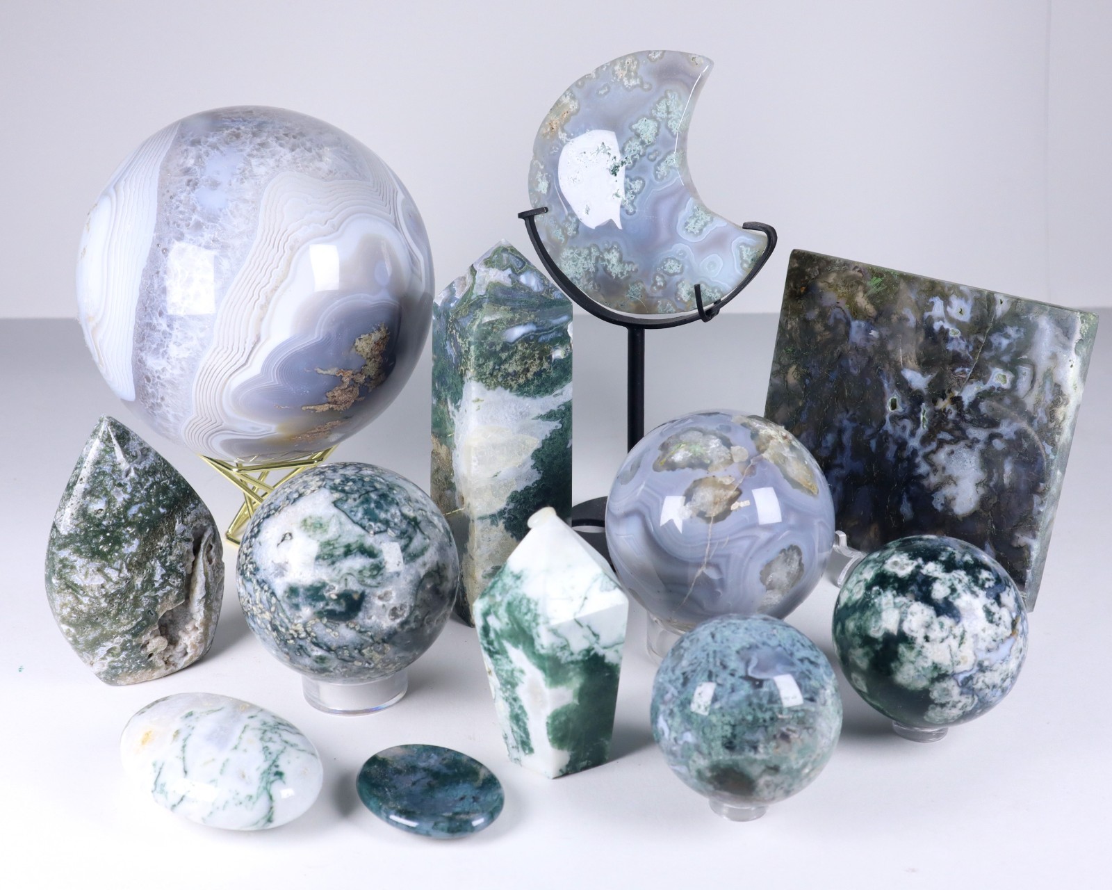 HUGE 11lbs Moss Agate Crystal Collection Lot Spheres Towers Moon Slab 12 pieces