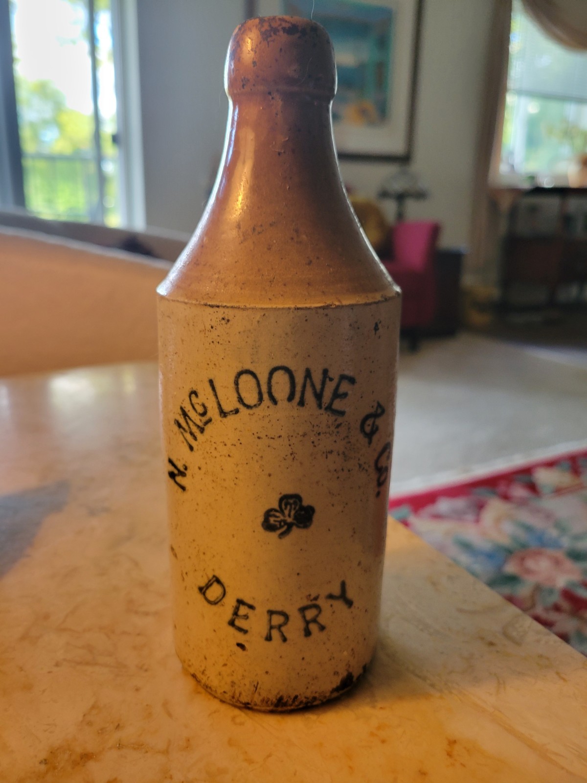RARE ANTIQUE NORYHERN IRISH STONEWARE N. MCLOONE & CO DERRY BEAR BOTTLE 19TH CEN