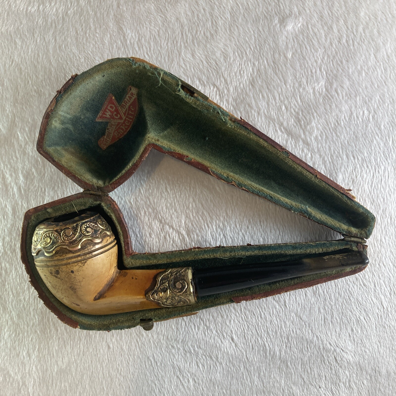 Vintage Antique WDC FRENCH BRIAR BAKELITE TOBACCO PIPE Gold Trimmed Fitted Case