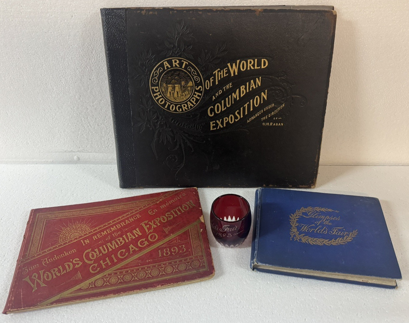 Antique 1893 Columbian Expo 4 Items-3 Rare Photography Books & Red Etched Glass