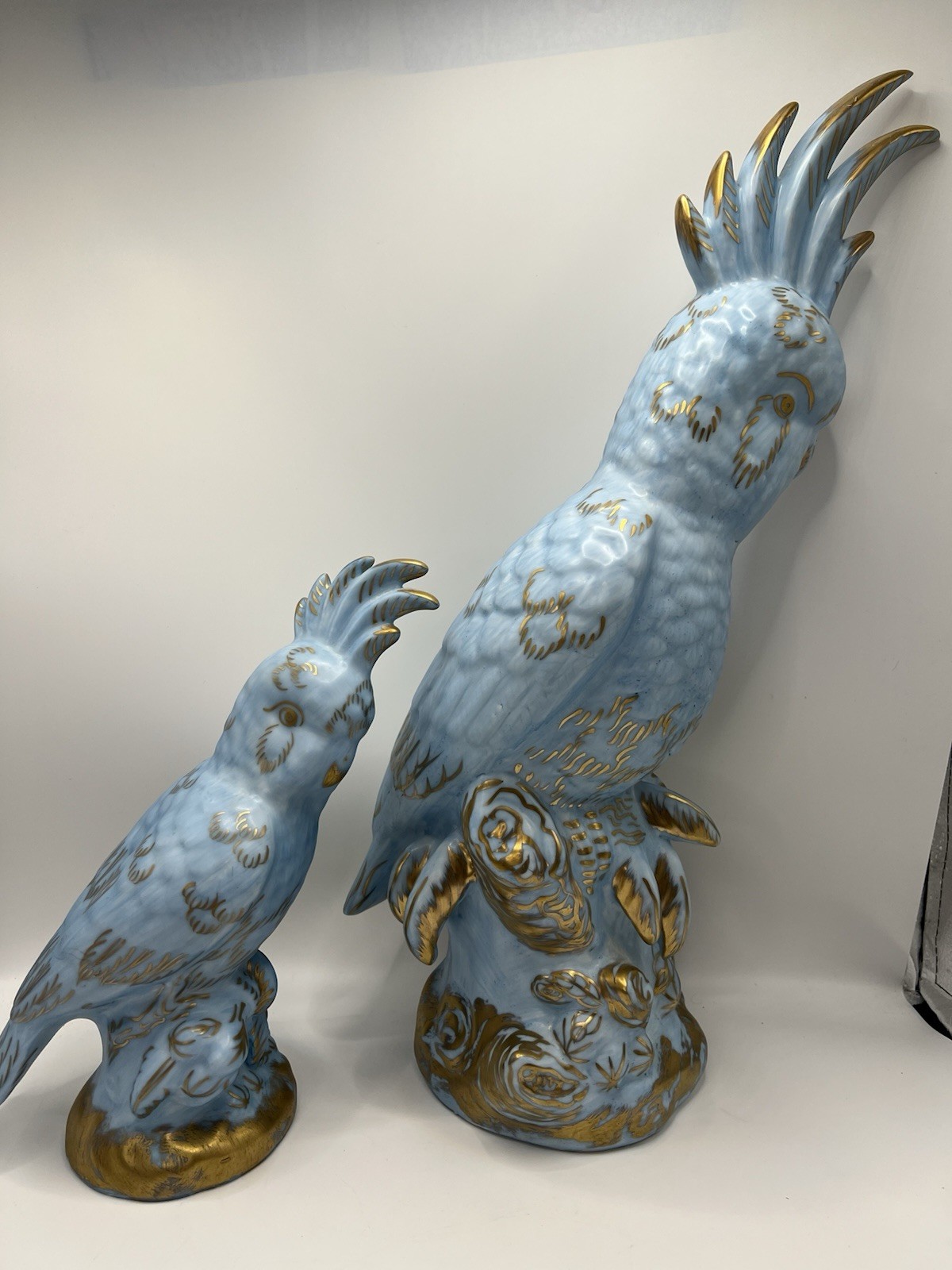 Pair Large Vtg Blue Gold Porcelain Cockatoo Parrots 20” & 11”  Hollywood Regency