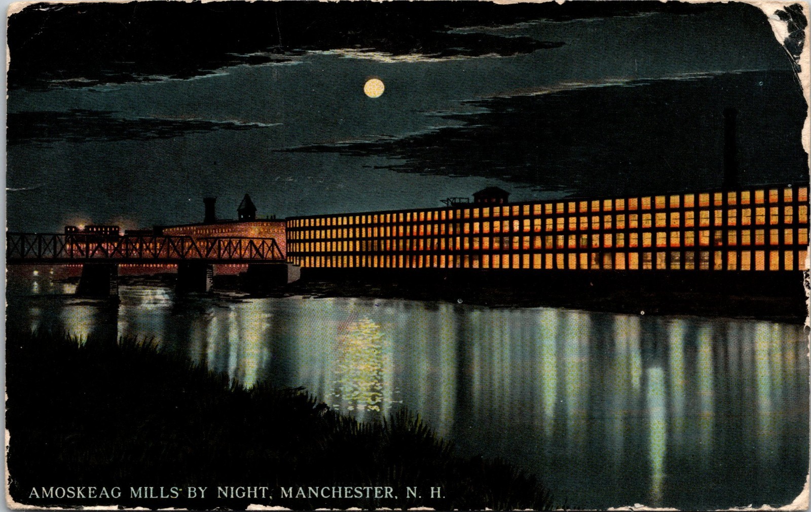 Amoskeag Mills by Night Manchester New Hampshire Postcard c1919