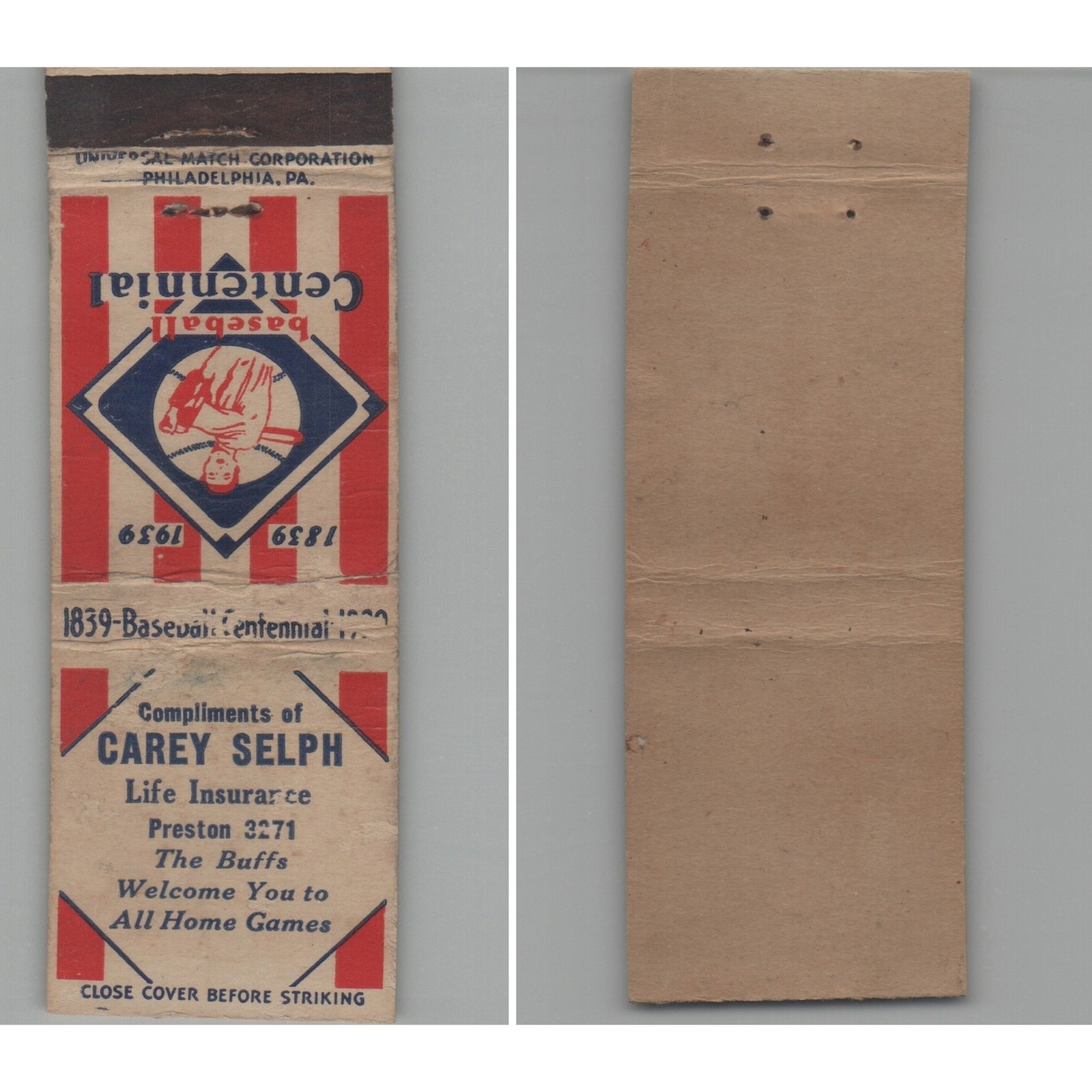 1930s Baseball Centennial 1839-1939 - Carey Self Matchbook Cover