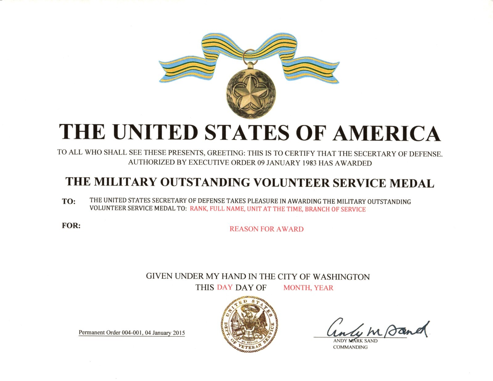 The Military Outstanding Volunteer Service Medal Certificate Army Navy USMC USAF