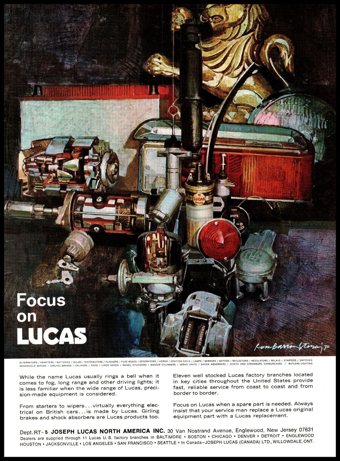 1971 Lucas Auto Part Vintage Print Ad Ron Barron Painting Alternators Wall Art