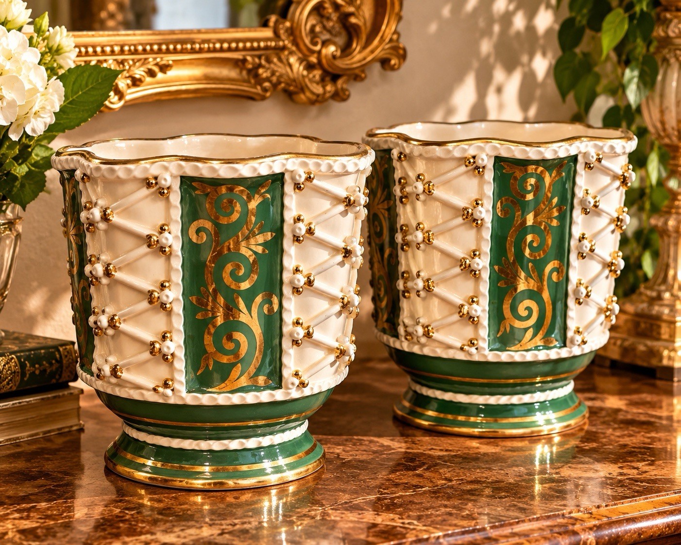 Pair Vintage VTB Italy Ceramic Jardinieres Green Gold Baroque Regency Cachepots
