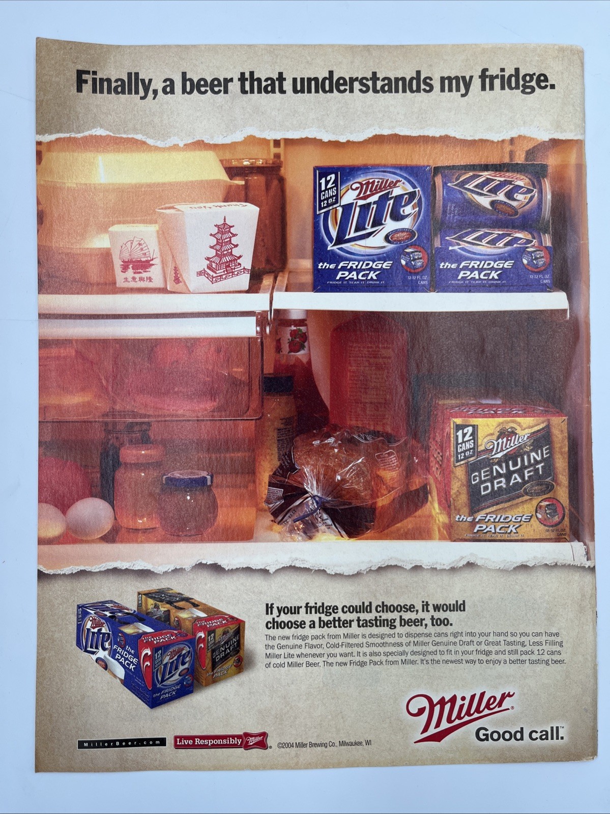 2004 Magazine Print Ad Advertisement Miller Lite Genuine Draft Fridge Pack Vtg