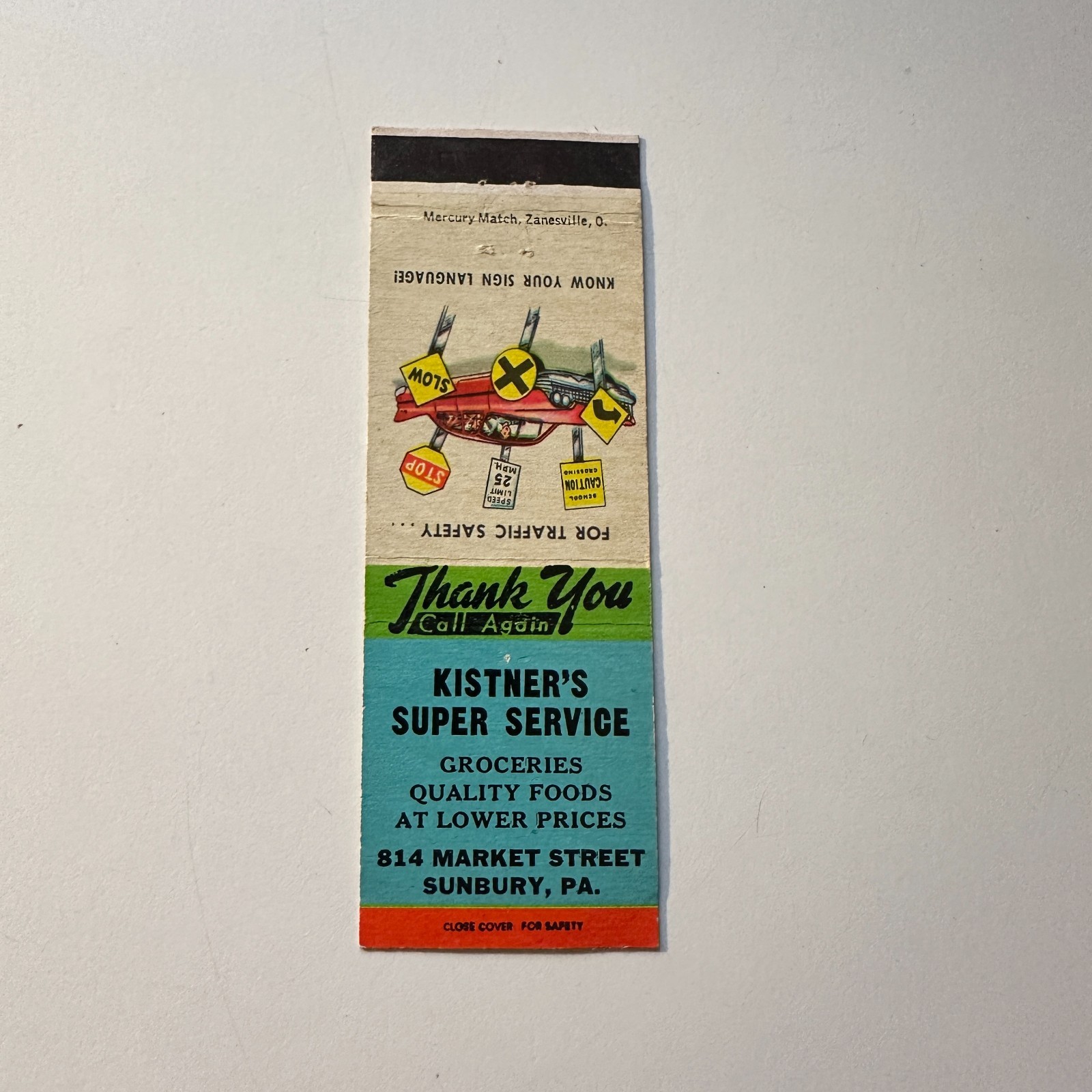 Kistner's Super Service Groceries Sunbury PA Vintage Matchbook Cover 5MB126-3-4