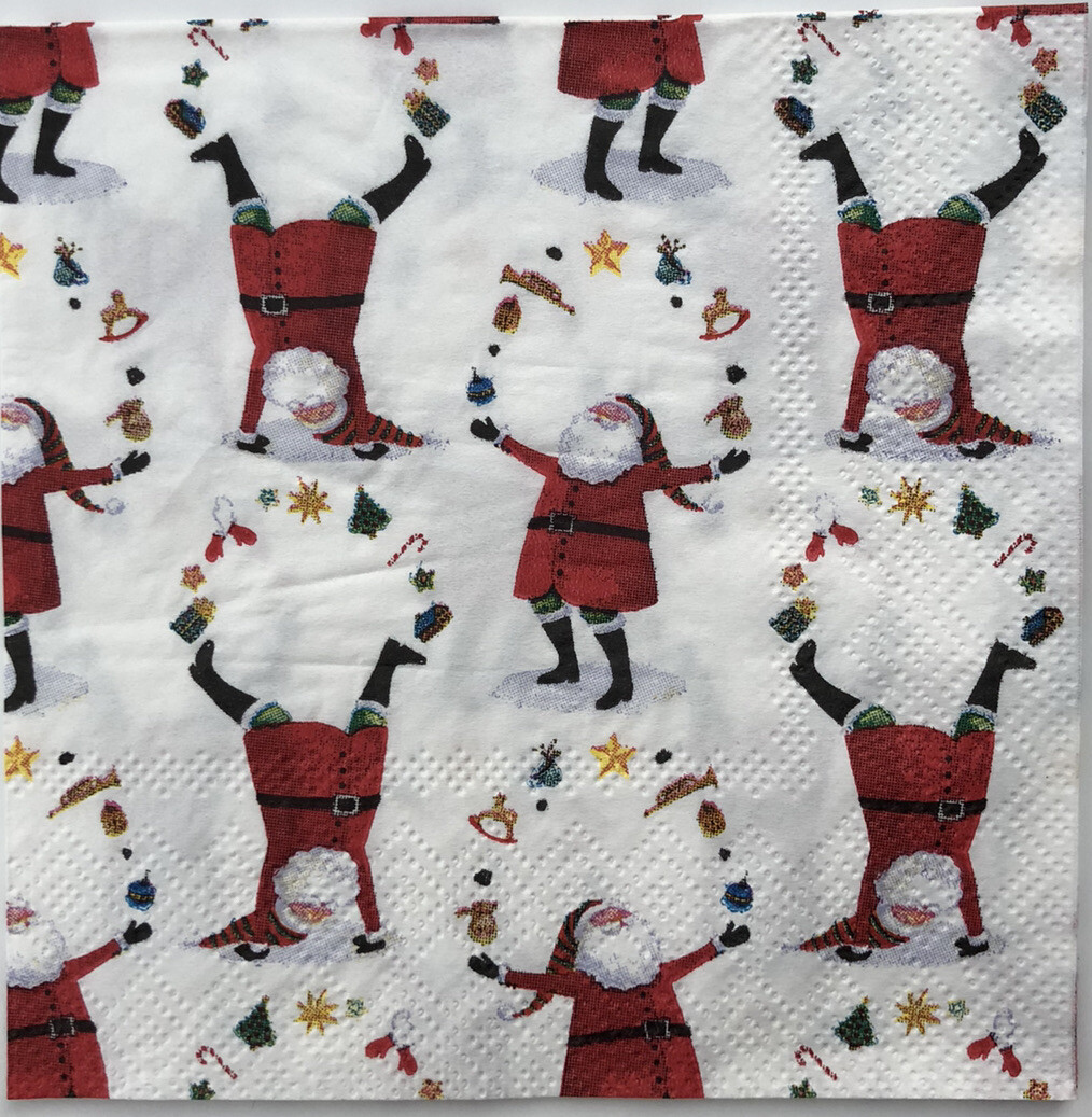 two Individual Beverage Paper Juggling Santa napkins Decoupage Christmas Holiday