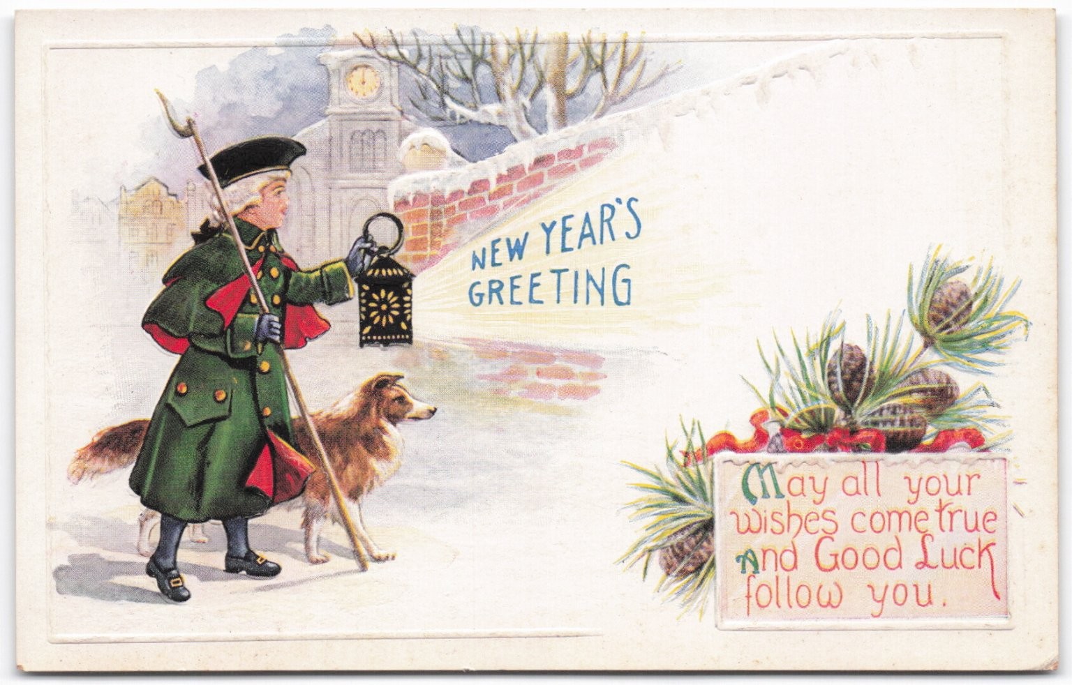 New Year's Greeting Watchman Dog Snow Clock Tower Vintage Postcard C231