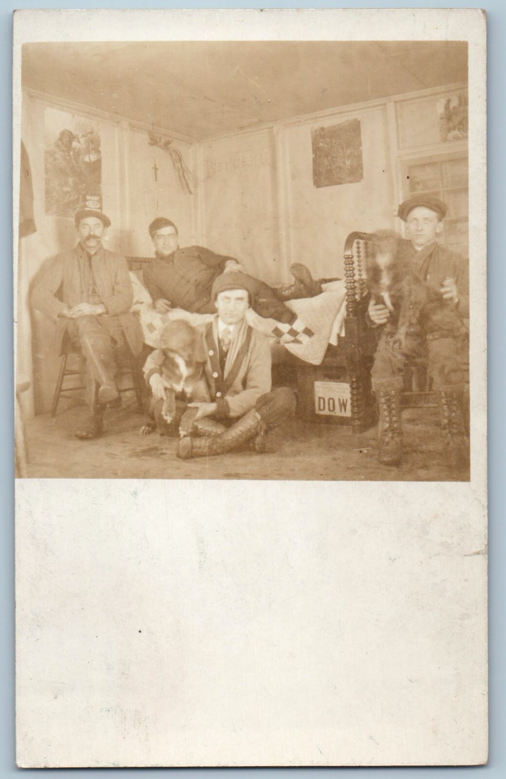 RPPC Photo Postcard Hunting Cabin Lodge Interior Camp Dupont c1910\'s Antique