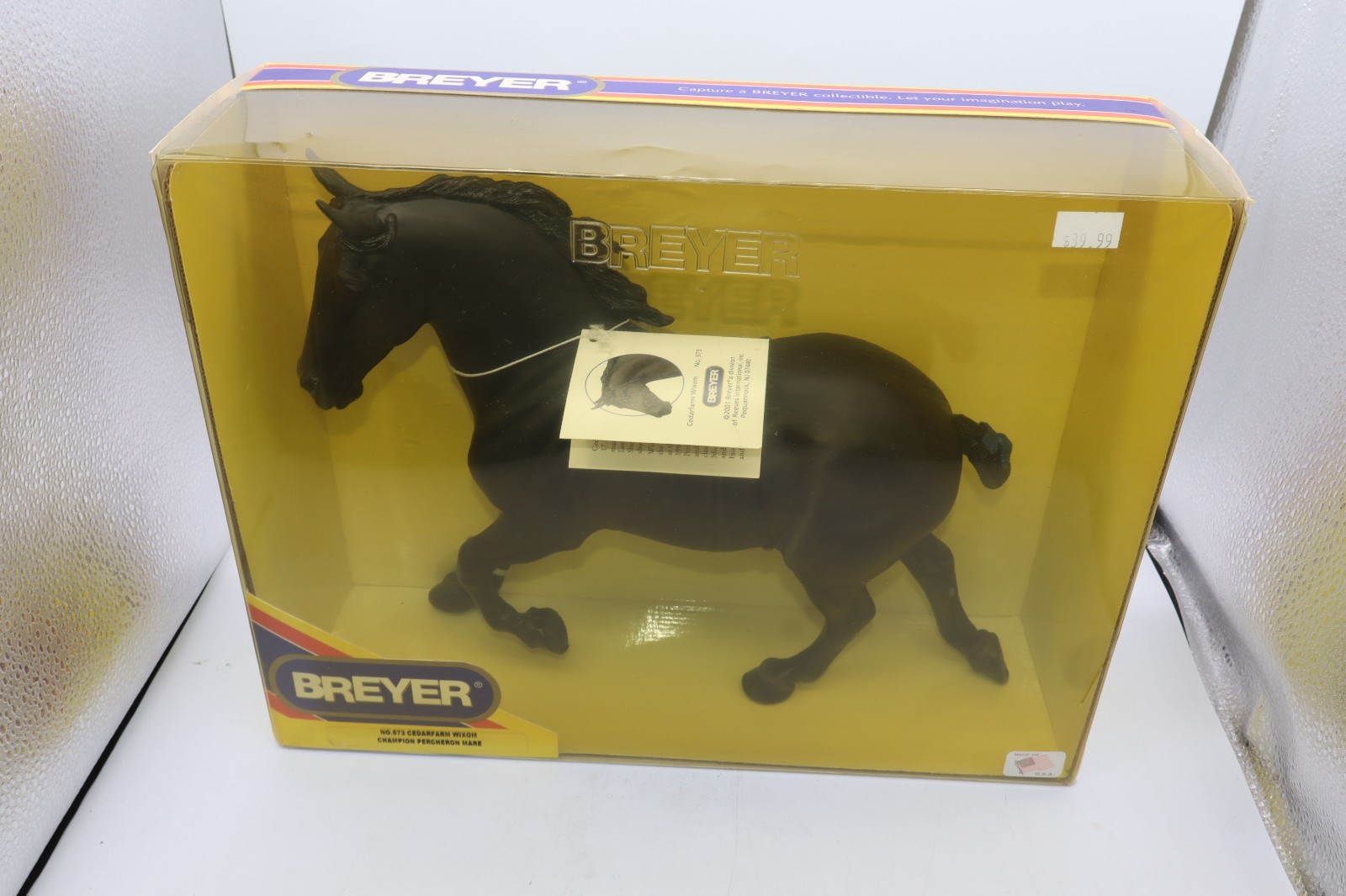 New NIB Retired Breyer Horse #573 Cedarfarm Wixom Black Percheron Draft Hang Tag