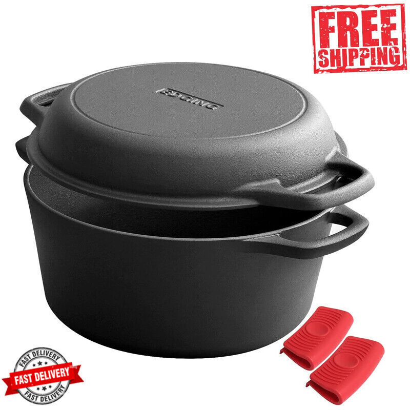 2-In-1 Pre-Seasoned Dutch Oven Pot W/ Skillet Lid Cooking Pan Camping Cast Iron