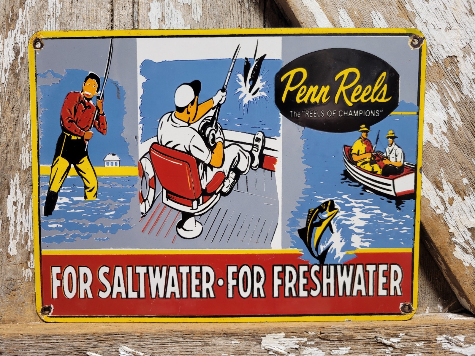 VINTAGE PENN REELS PORCELAIN SIGN OLD FISHING RODS TACKLE LURES BAIT SALTWATER