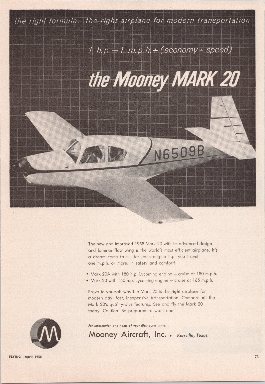 Mooney Mark 20 1958 Vintage Print Ad Aircraft Aviation Poster