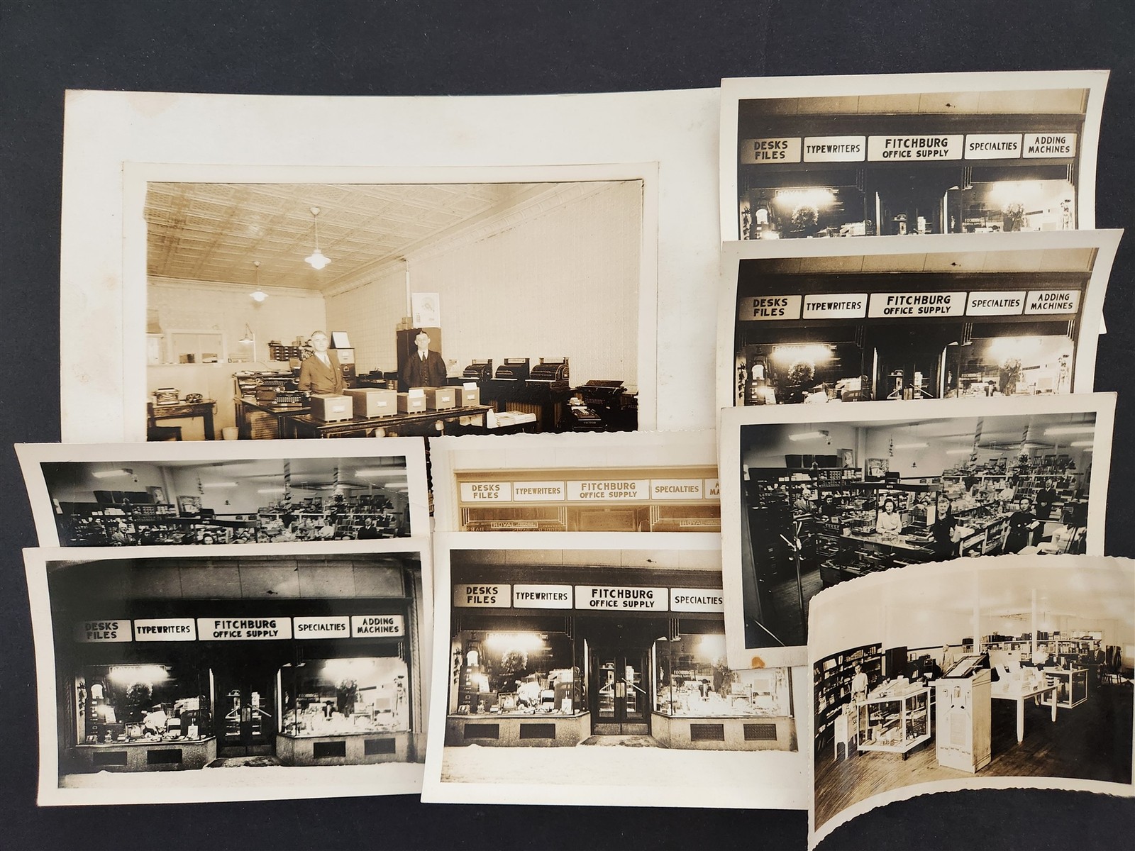 1930s antique FITCHBURG OFFICE SUPPLY STORE ma 9pc PHOTOs cash reg typewriter