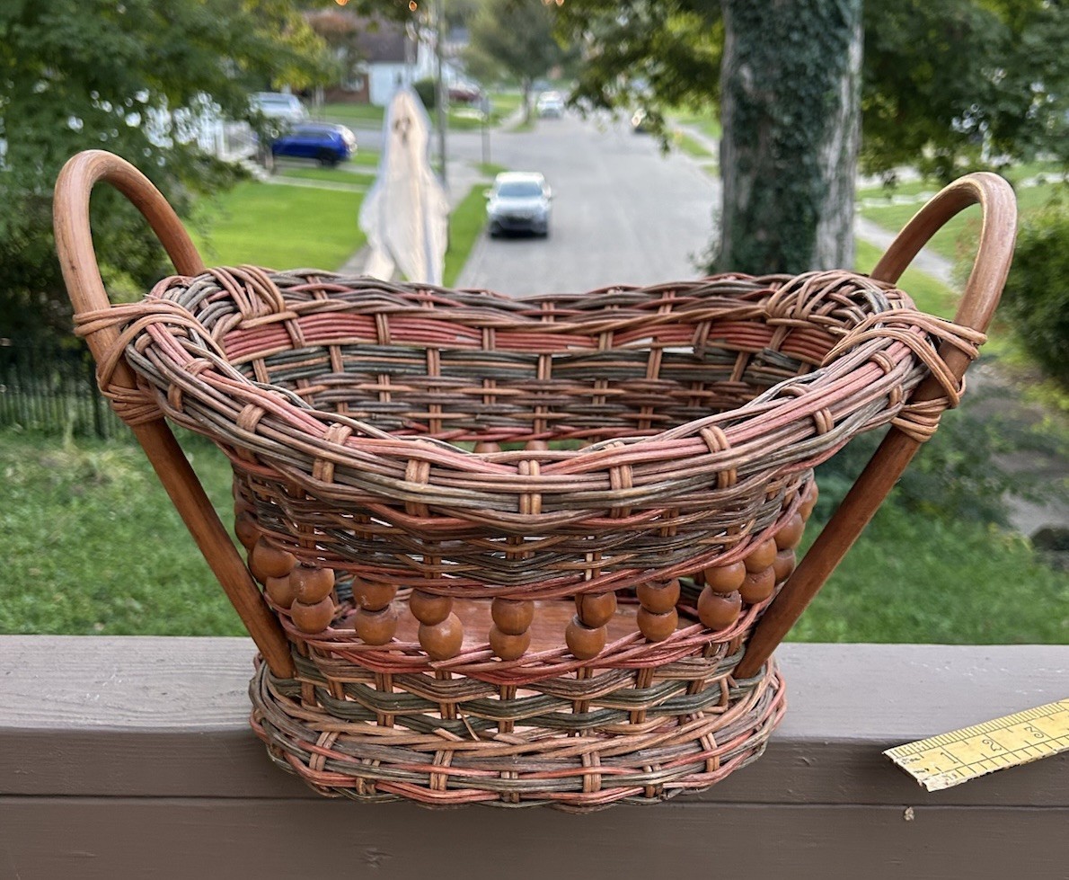 Vintage Handcrafted Wicker Basket Wooden Beads Bentwood Handles Beautiful Boho