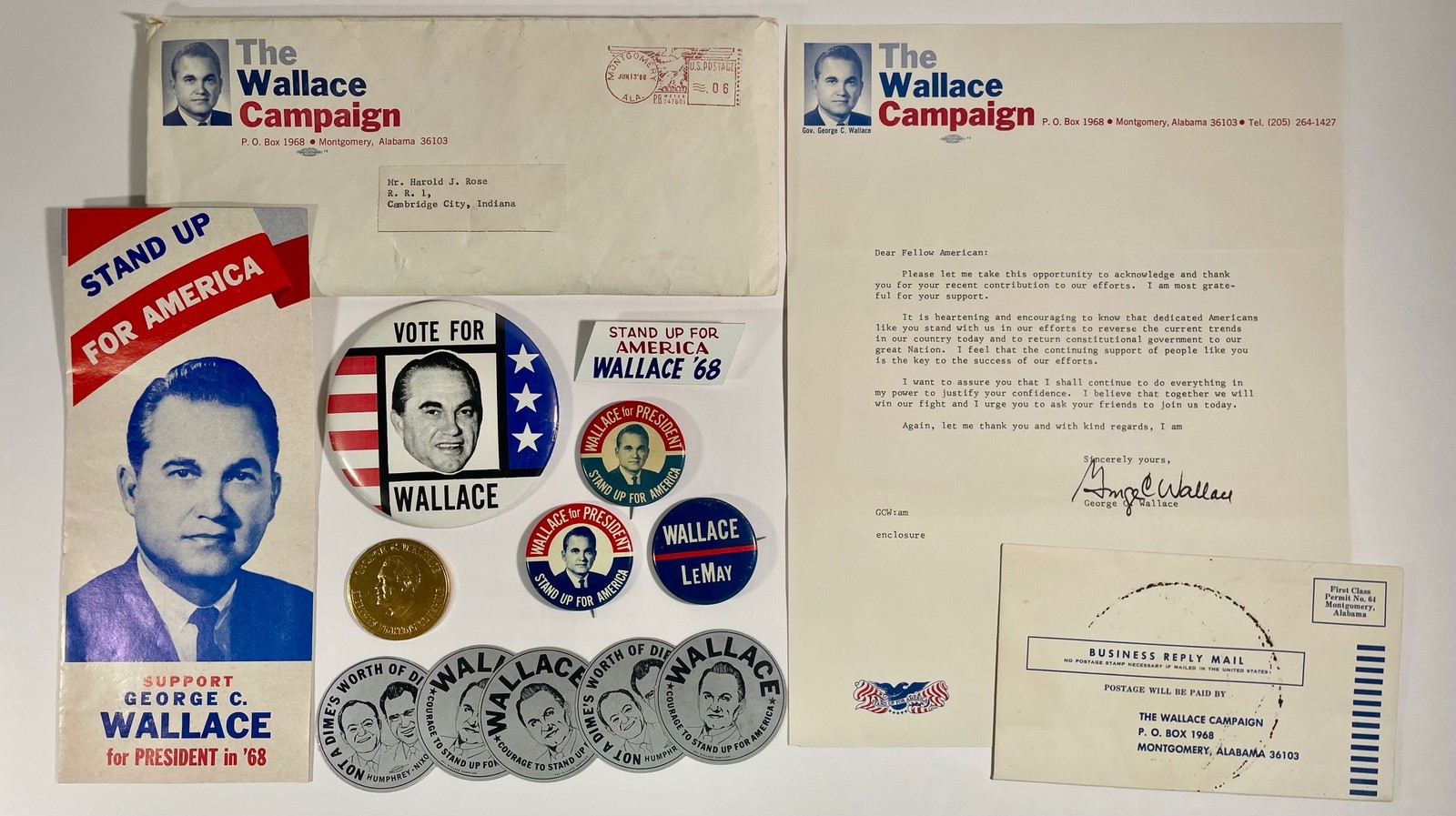 VINTAGE 1968 GEORGE WALLACE PRESIDENT CAMPAIGN PINBACKS COIN LETTER FLIER +++