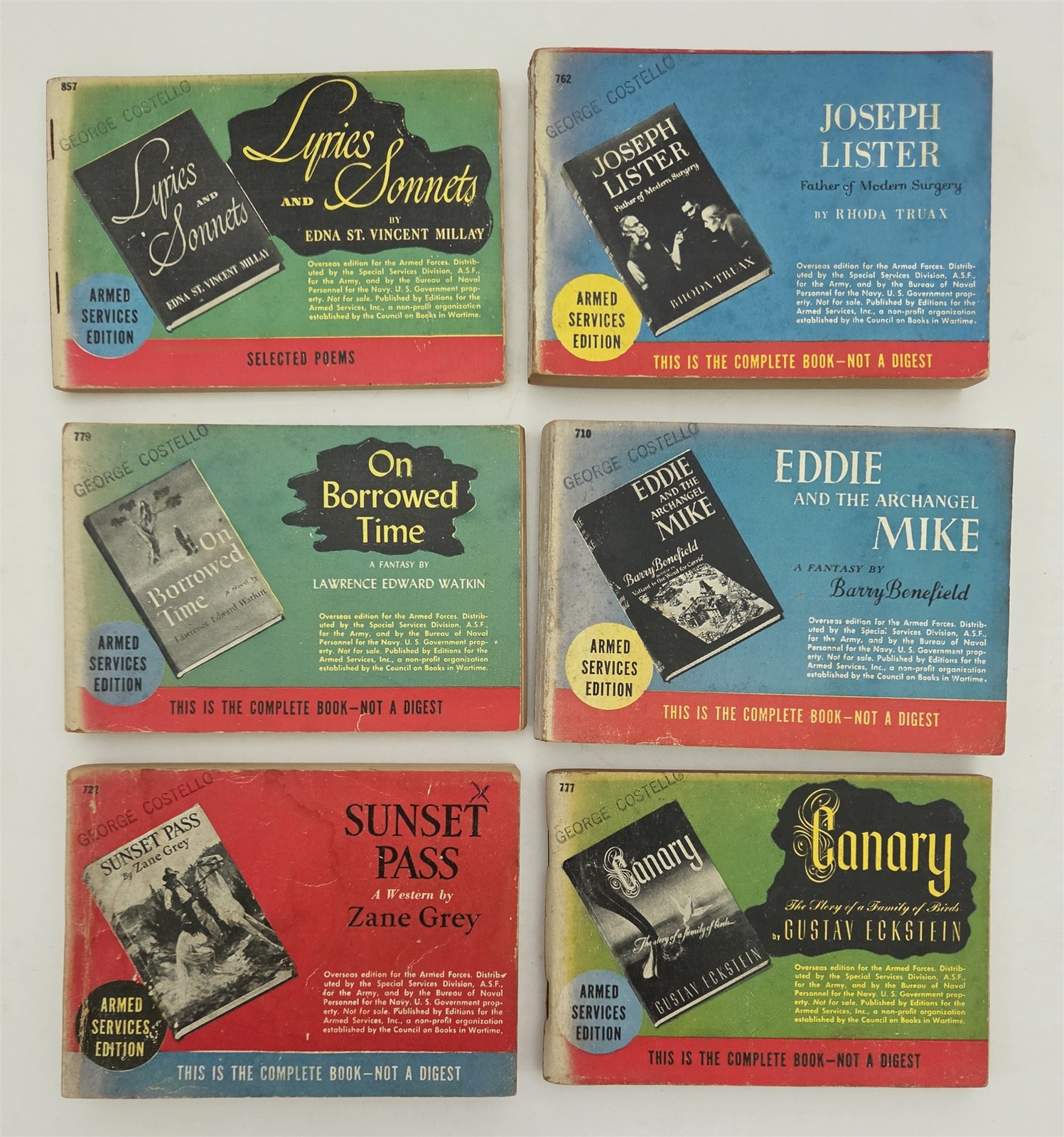 1940s vintage ARMED SERVICES EDITIONS WWII paperback BOOKS 6pc MILLAY ZANE GREY